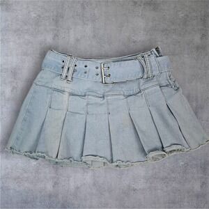 Vintage Generation‎ K Denim Mini Micro Skirt Pleated Belted Y2K Medium E13